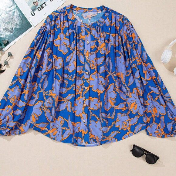 Multicolor Casual Women's Floral Print Batwing Sleeve Buttoned Loose Fit Shirt - Picture 6 of 10